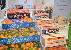 Distintas confecciones de cítricos con y sin hoja expuestos en el stand de Royo Fruits.