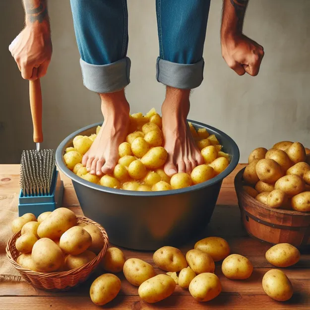 Un chef aplasta patatas con sus pies para hacer samosas